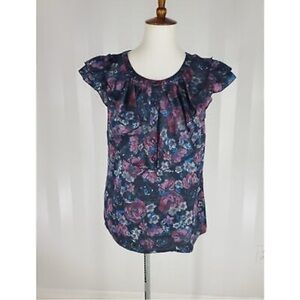 LOFT Ruffle Front Floral Silk Button Blouse Large Petite